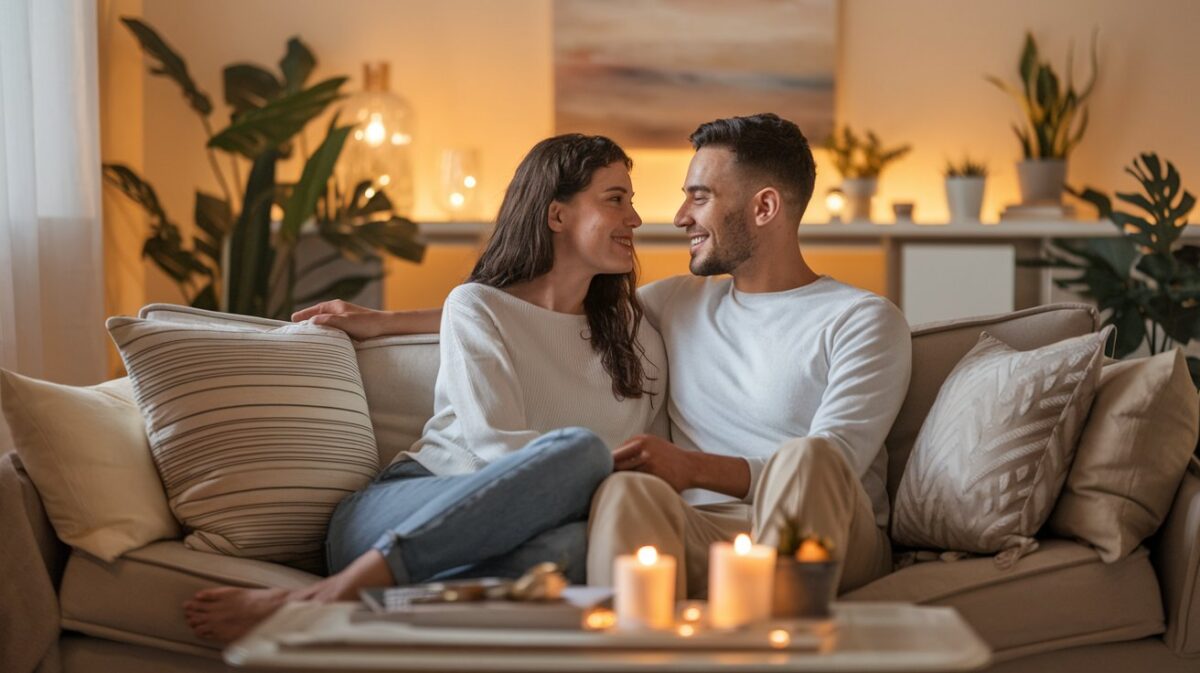 romantic scene of a couple-sitting closely together